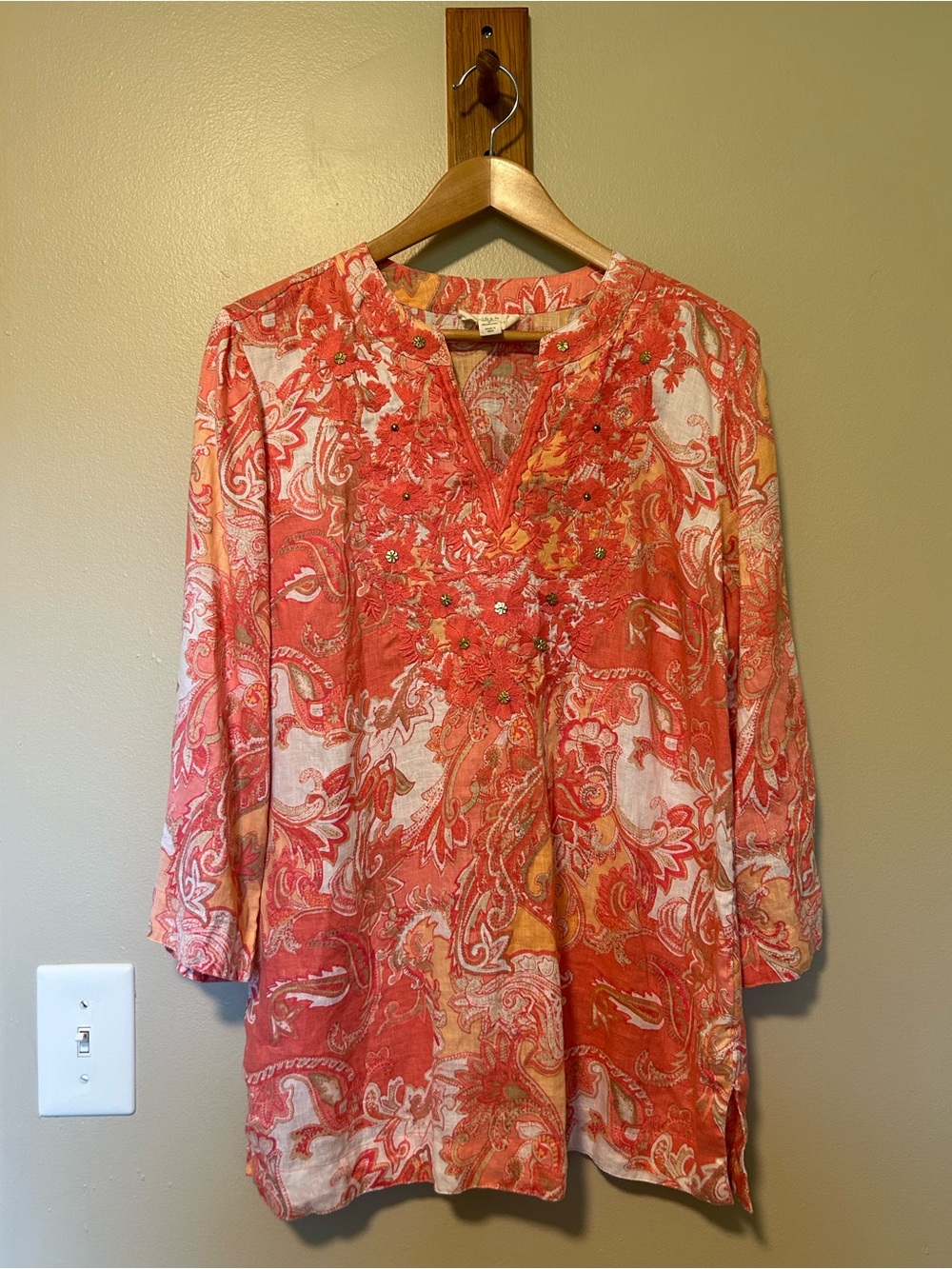 Charter Club Luxury Linen Coral Paisley Embroidered V‑Neck Tunic